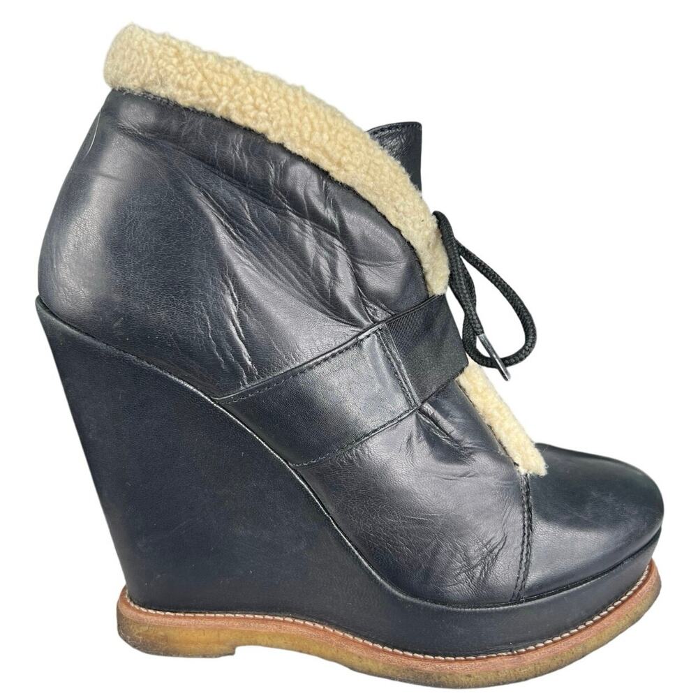 Malene Birger Women’s Black Leather Shearling Wedge Boots Size 37.5 US 7.5